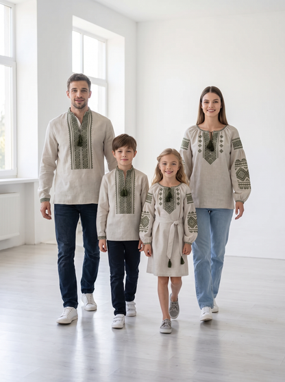 Family set "Nezlamni" – сімейний комплект вишиванок бежевий з зеленою геометричною вишивкою (льняний), photo 3