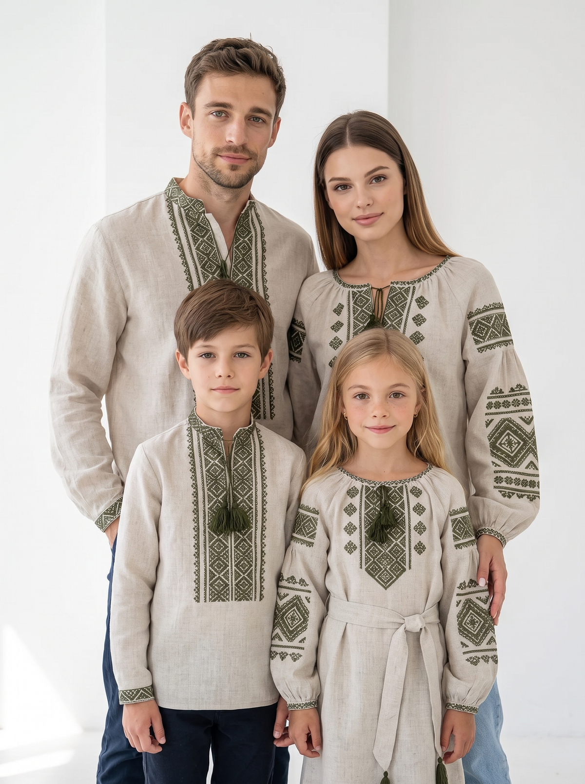 Family set "Nezlamni" – сімейний комплект вишиванок бежевий з зеленою геометричною вишивкою (льняний), photo 4