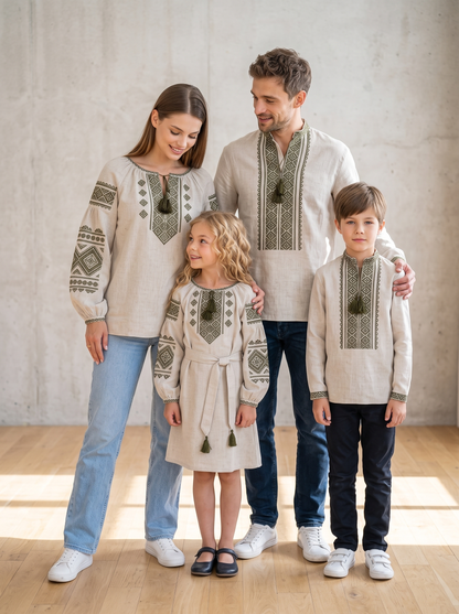 Family set "Nezlamni" – сімейний комплект вишиванок бежевий з зеленою геометричною вишивкою (льняний)