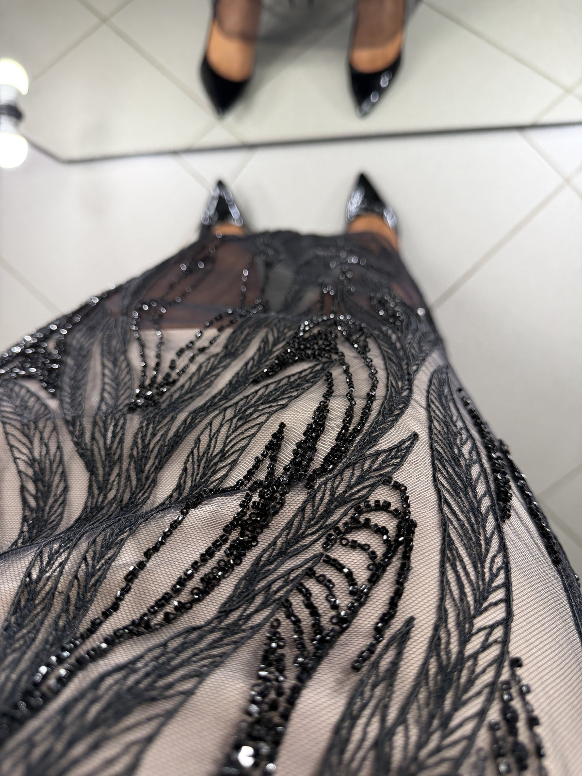 Irma black mesh dress - close-up of beaded embroidery on the skirt hem