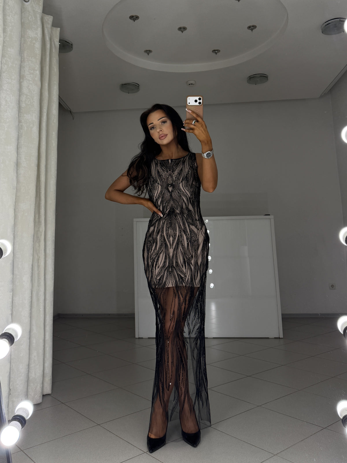 Black sequin embroidered dress Irma with sheer mesh overlay - standing front view