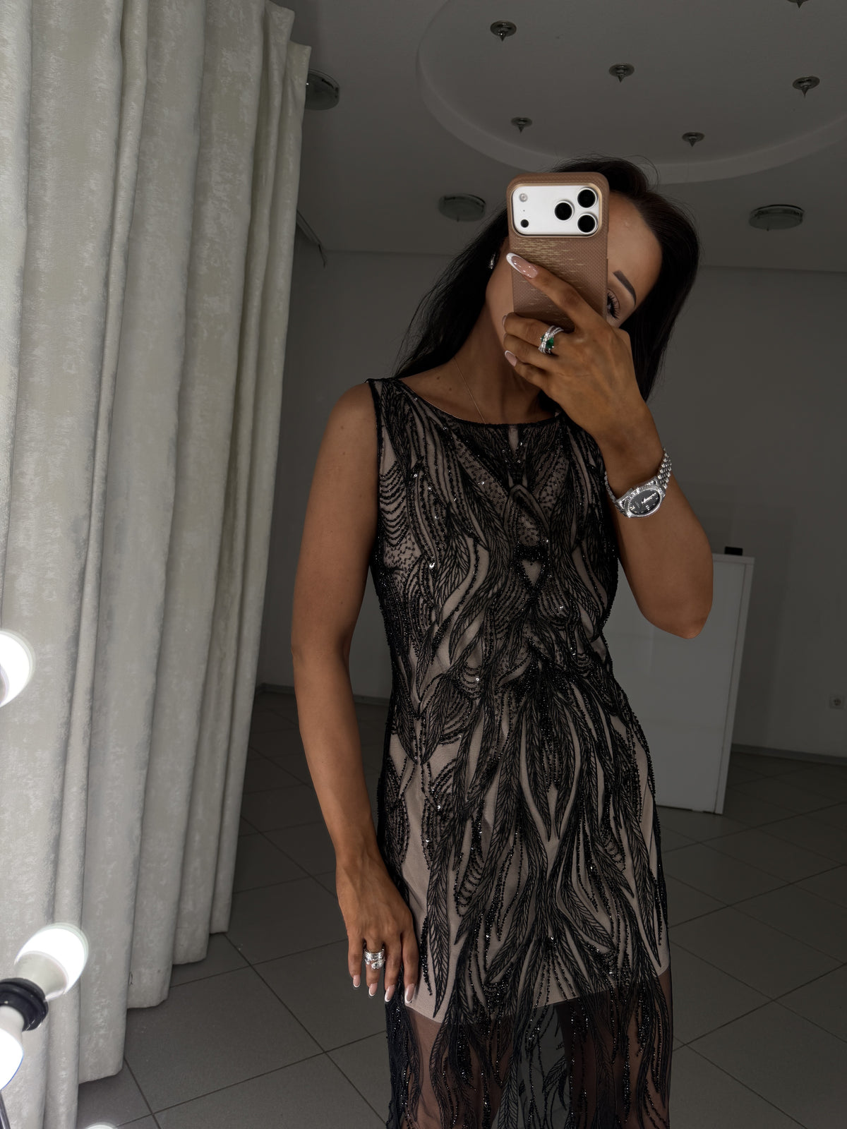 Irma dress sequin and bead embroidery - close-up of the bodice and round neckline