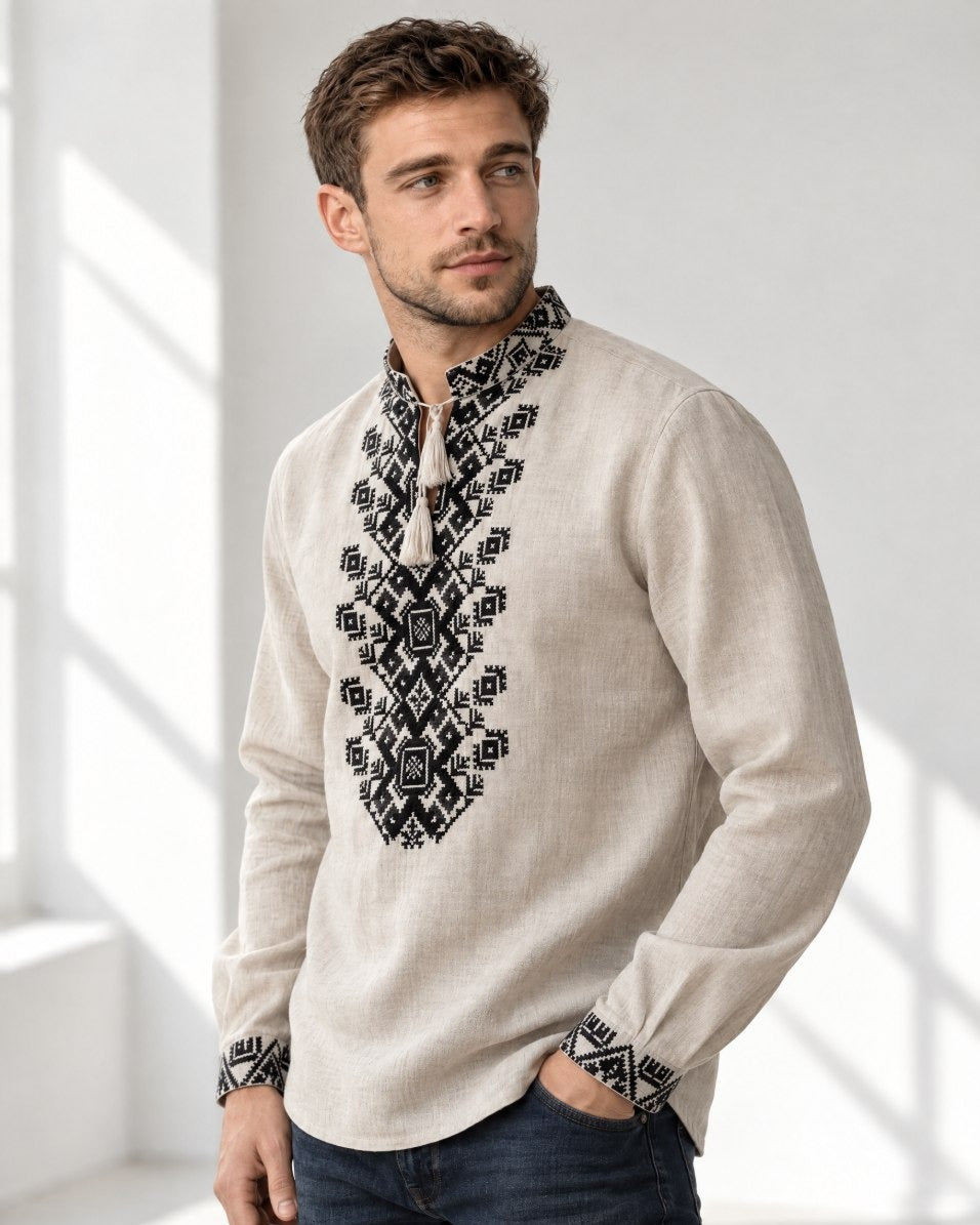 Men's linen vyshyvanka with black embroidered collar, chest panel and cuffs, side view