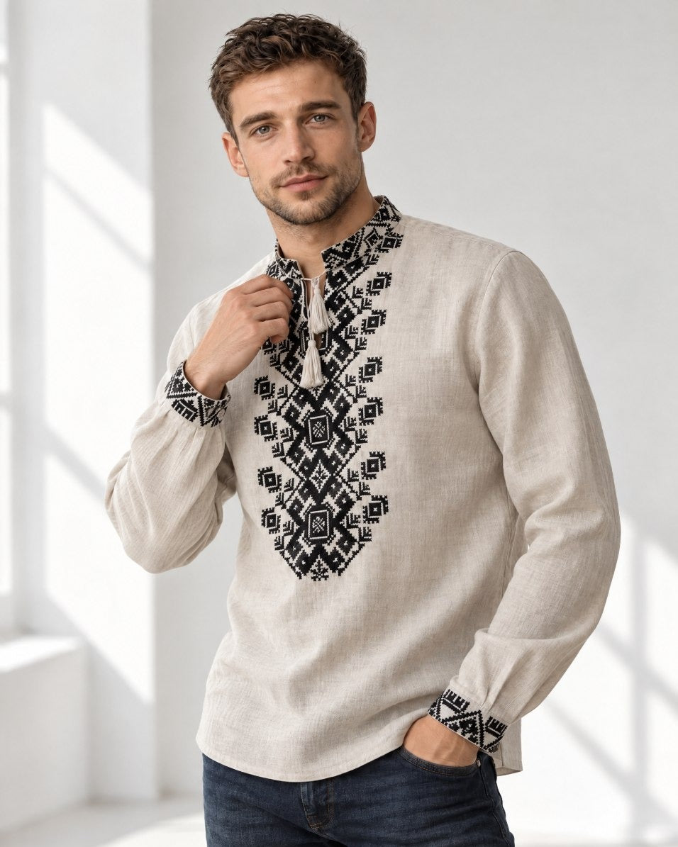 Men's linen vyshyvanka with black embroidery, hand on the collar, three-quarter view