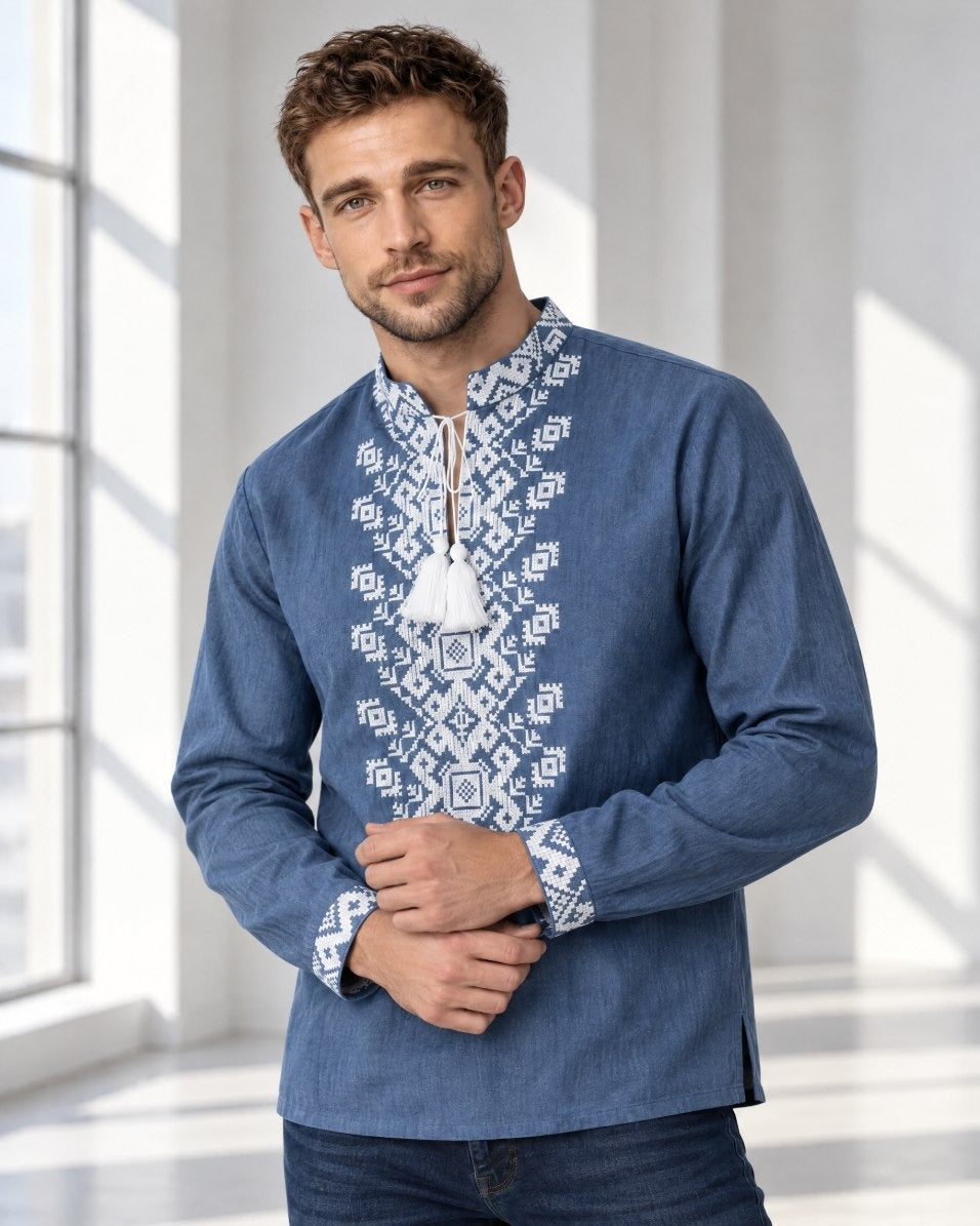 Blue linen men's vyshyvanka with tassel ties - three-quarter front view