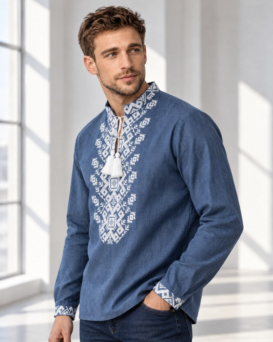 Blue linen men's vyshyvanka with white embroidery - side view