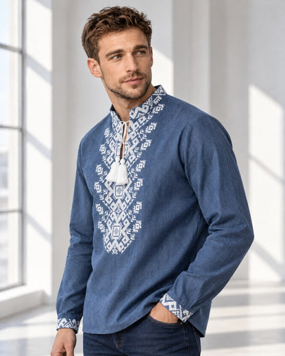 Blue linen men's vyshyvanka with white embroidery - side view