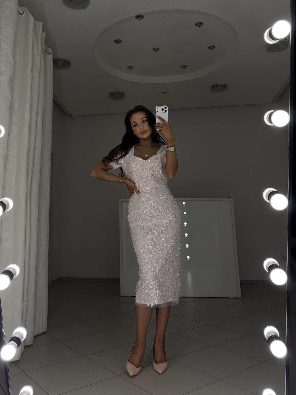 Pink fitted midi dress Linda with sky-blue and powder-pink embroidered lace - full-length front view