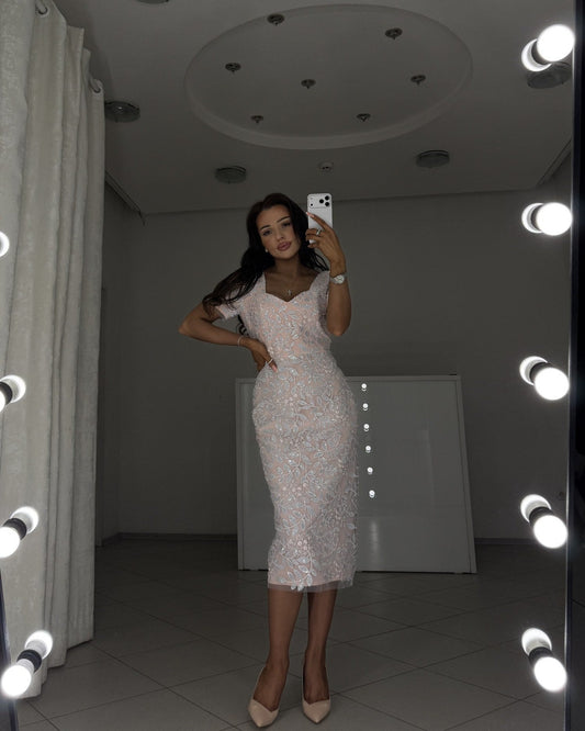 Pink fitted midi dress Linda with sky-blue and powder-pink embroidered lace - full-length front view