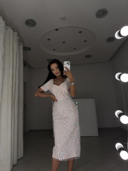 Linda pink lace midi dress with sweetheart neckline and short sleeves - front three-quarter view