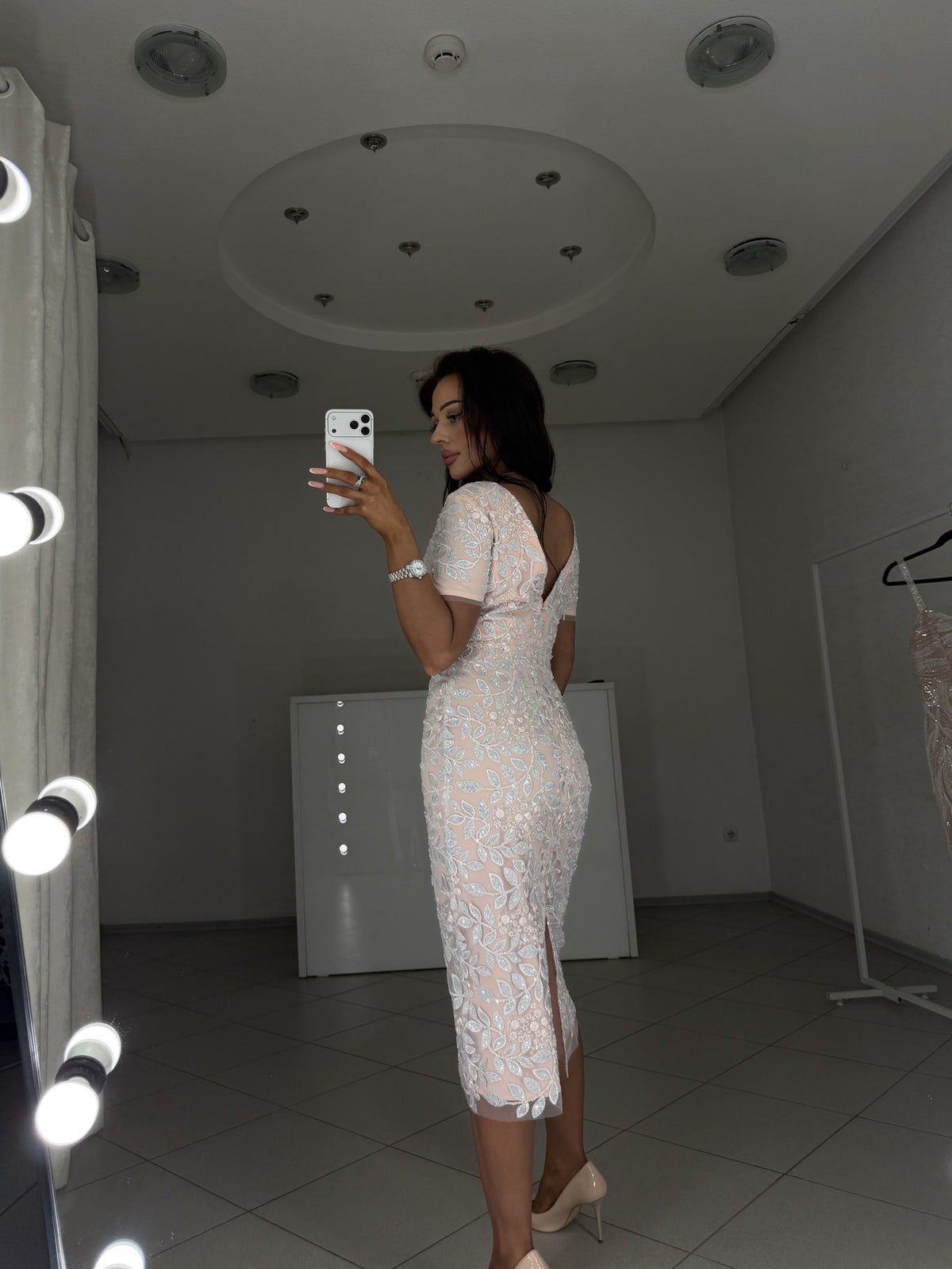 Linda pink midi dress with back slit and hidden zip - back and side view