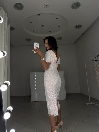Linda pink midi dress with back slit and hidden zip - back and side view