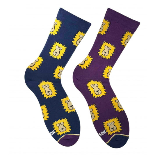 Navy and purple Little Lions socks - pair with golden lion faces, front view