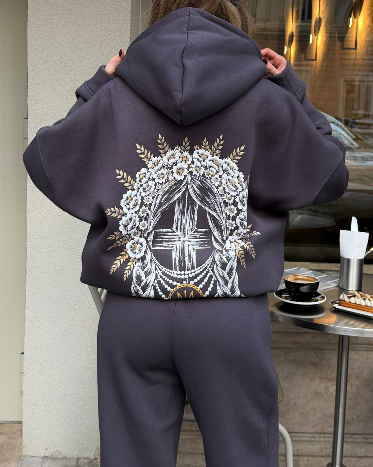 Graphite women's tracksuit with hoodie and wide trousers, back view with print