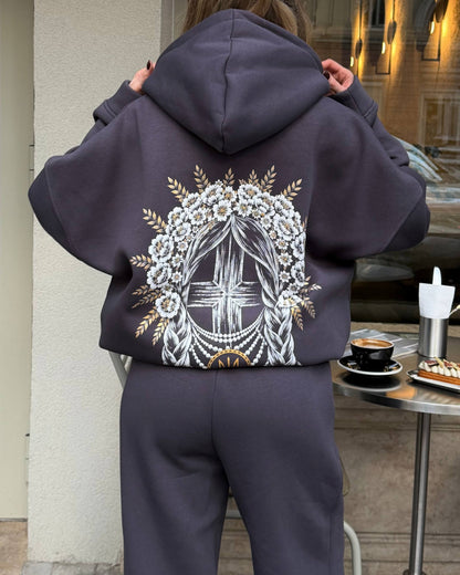 Graphite women's tracksuit with hoodie and wide trousers, back view with print
