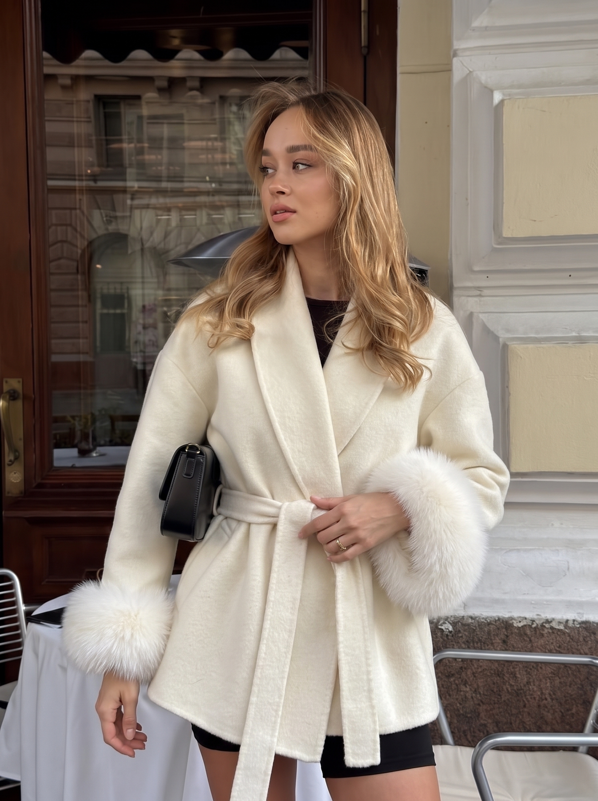 Milk wool-blend wrap coat with faux fur cuffs - close-up front view