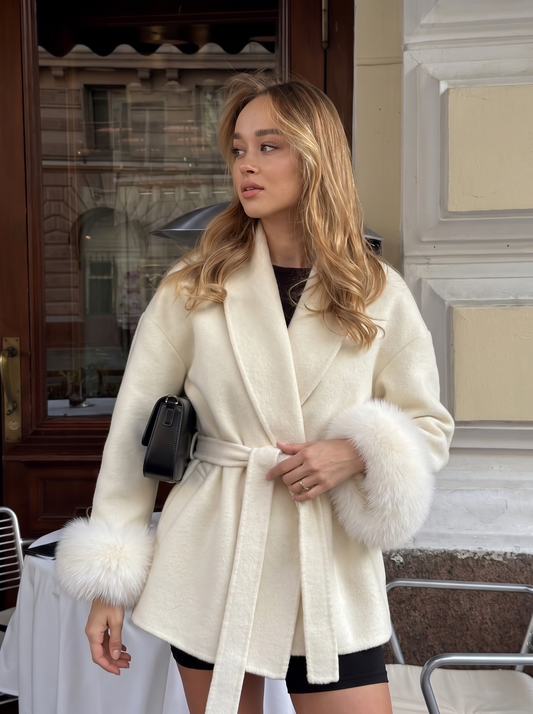 Milk wool-blend wrap coat with faux fur cuffs - close-up front view