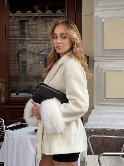 Milk wool-blend coat with tie waist belt and fur cuff detail - side view