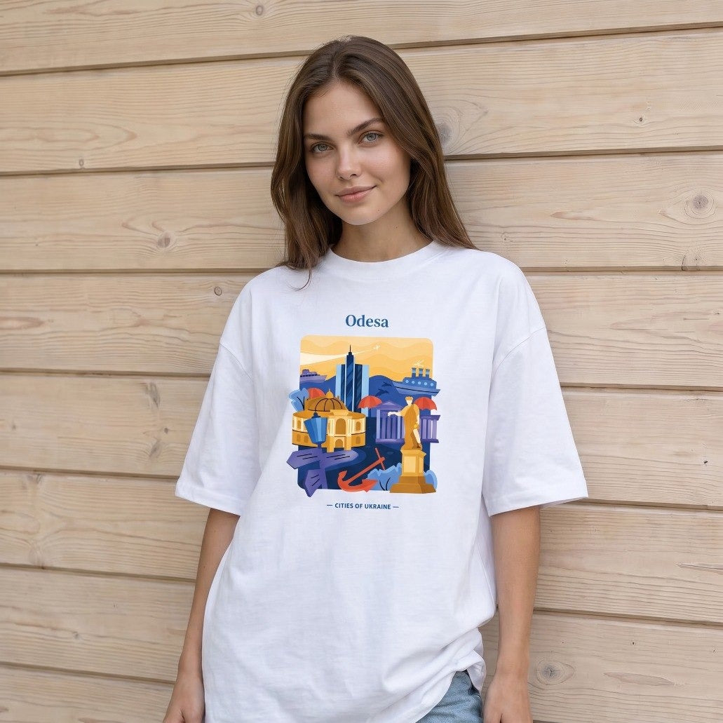 White oversized cotton T-shirt with colorful Odesa city print, front view
