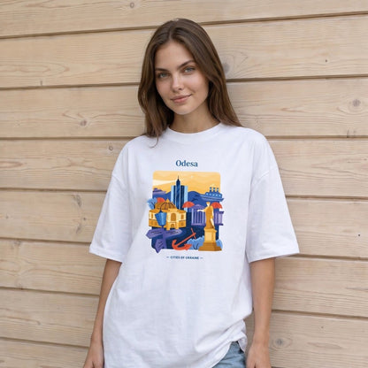 White oversized cotton T-shirt with colorful Odesa city print, front view