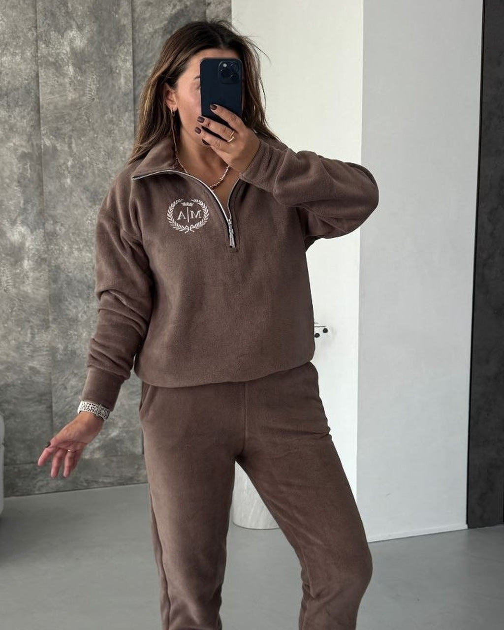 Mocha women's fleece tracksuit with half-zip sweatshirt and joggers, front view