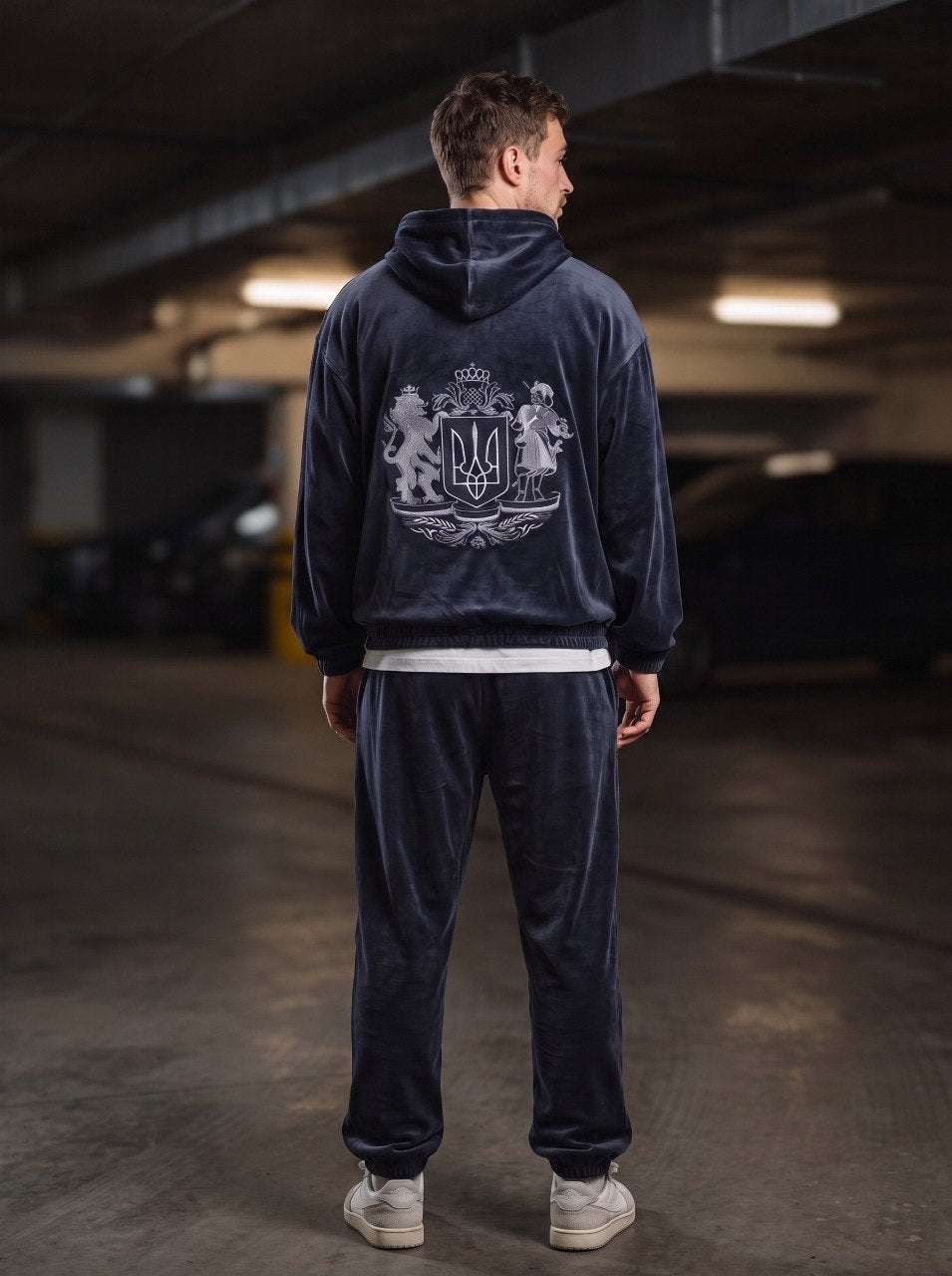 Sport Suit "Gerb Velour" Dark Navy Men – sport suit dark navy velour tracksuit with coat of arms embroidery for men, photo 2