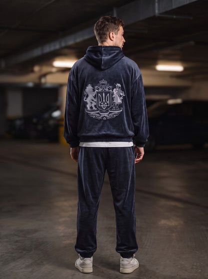 Sport Suit "Gerb Velour" Dark Navy Men – sport suit dark navy velour tracksuit with coat of arms embroidery for men, photo 2