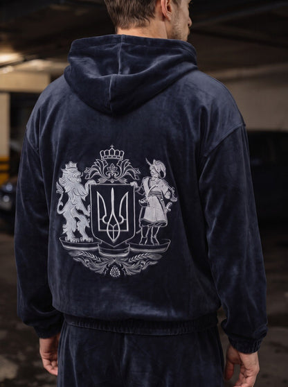 Sport Suit "Gerb Velour" Dark Navy Men – sport suit dark navy velour tracksuit with coat of arms embroidery for men