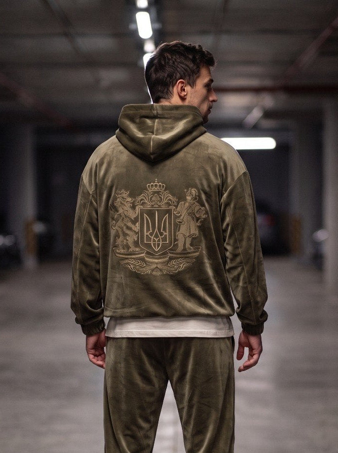 Sport Suit "Gerb Velour" Khaki Men – sport suit khaki velour tracksuit with coat of arms embroidery for men