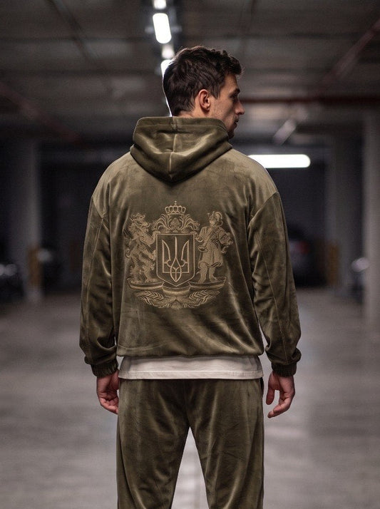 Sport Suit "Gerb Velour" Khaki Men – sport suit khaki velour tracksuit with coat of arms embroidery for men