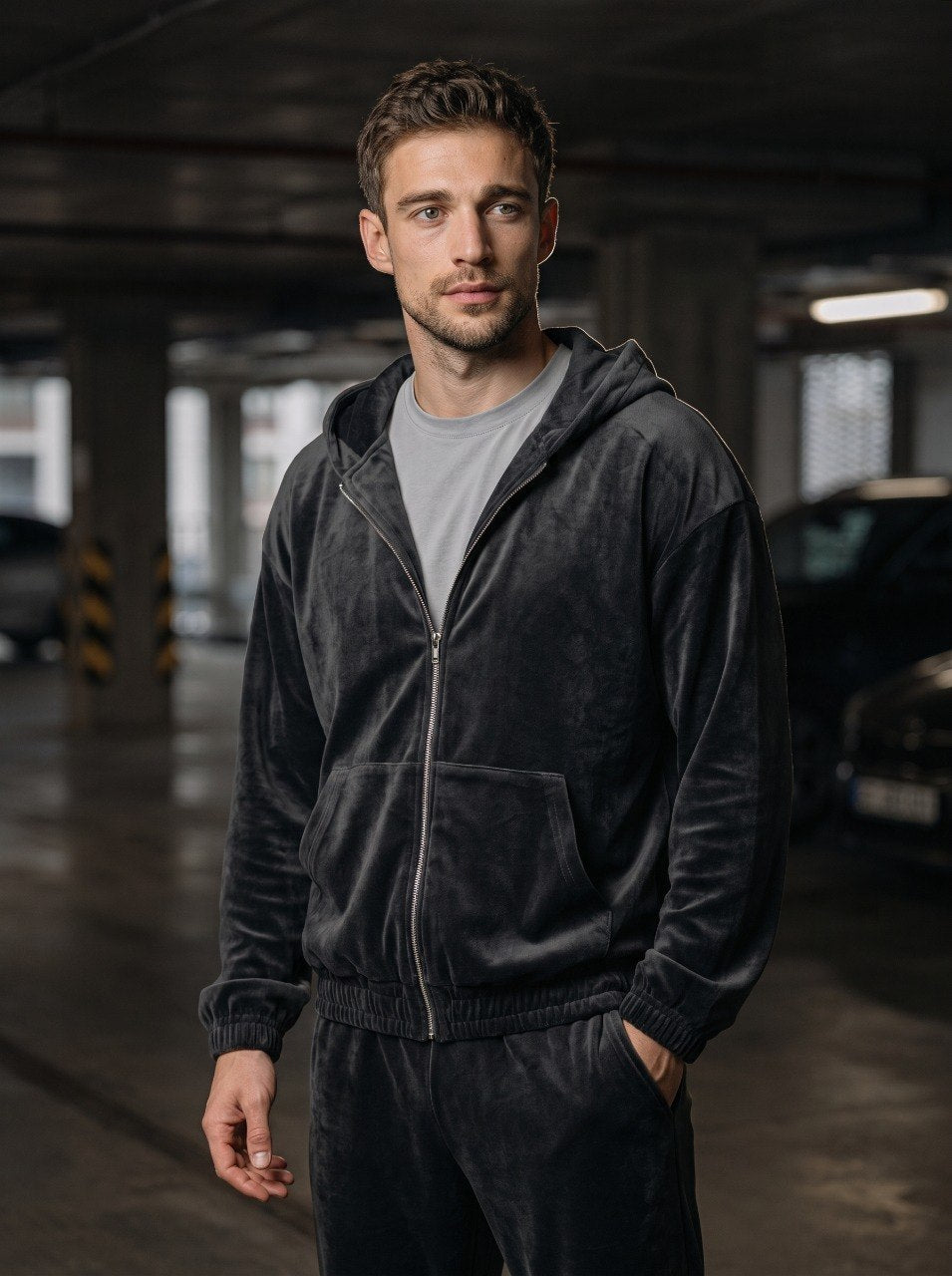 Sport Suit "Gerb Velour" Black Men – sport suit black velour tracksuit with coat of arms embroidery for men, photo 3