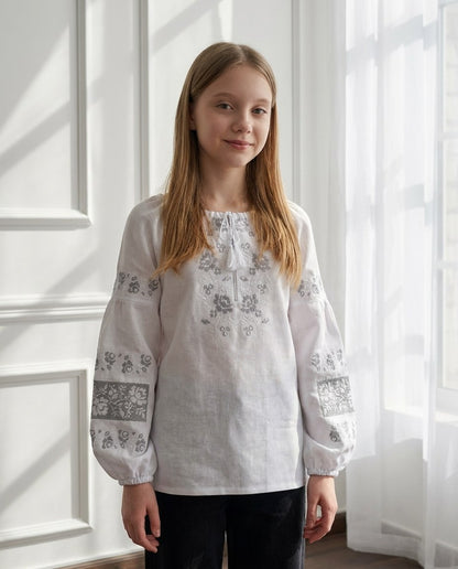 Vyshyvanka "Margaryta" white – blouse white, grey (cotton)