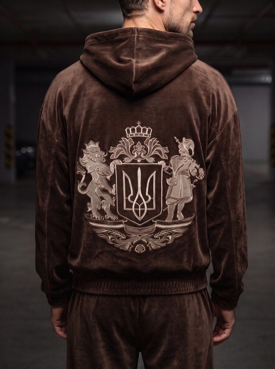 Sport Suit "Gerb Velour" Chocolate Men – sport suit chocolate velour tracksuit with coat of arms embroidery for men