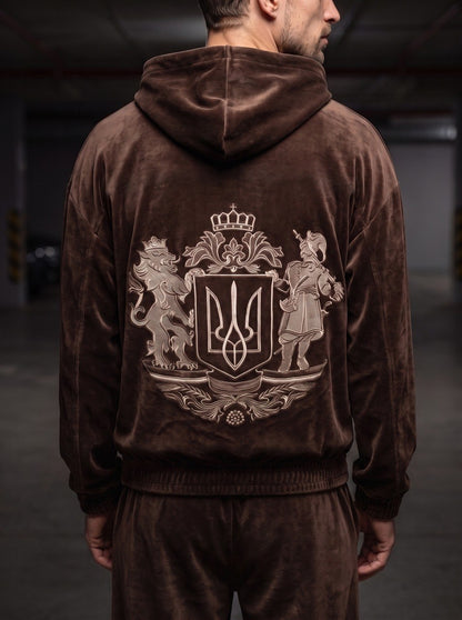 Sport Suit "Gerb Velour" Chocolate Men – sport suit chocolate velour tracksuit with coat of arms embroidery for men