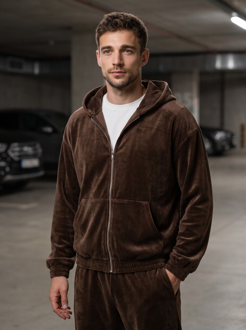 Sport Suit "Gerb Velour" Chocolate Men – sport suit chocolate velour tracksuit with coat of arms embroidery for men, photo 4