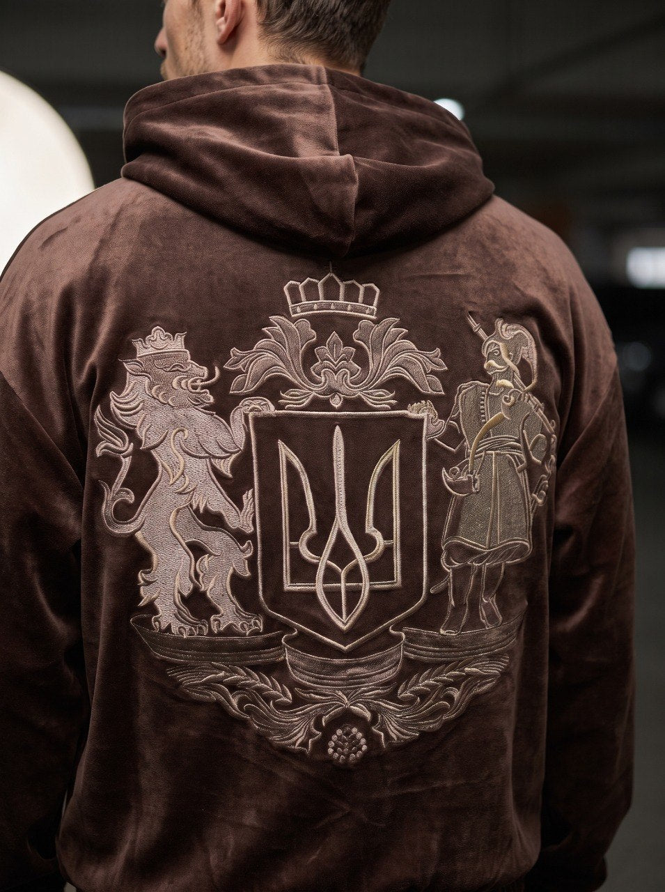 Sport Suit "Gerb Velour" Chocolate Men – sport suit chocolate velour tracksuit with coat of arms embroidery for men, photo 5