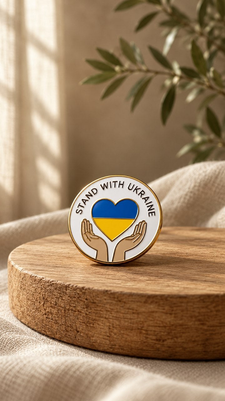 Round enamel pin with two hands holding a blue and yellow heart and the words Stand with Ukraine