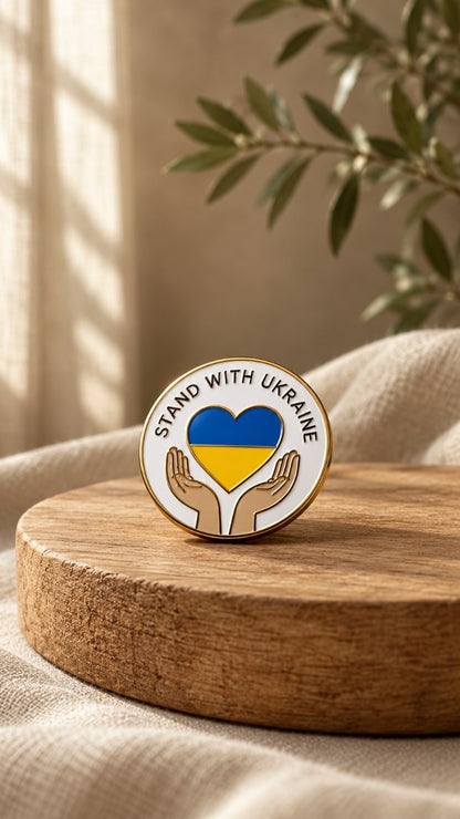 Round enamel pin with two hands holding a blue and yellow heart and the words Stand with Ukraine