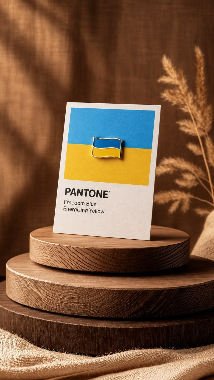 Ukrainian flag enamel pin on a Pantone card Freedom Blue and Energizing Yellow