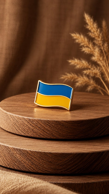 Blue and yellow Ukrainian flag enamel pin with golden edge on a wooden stand