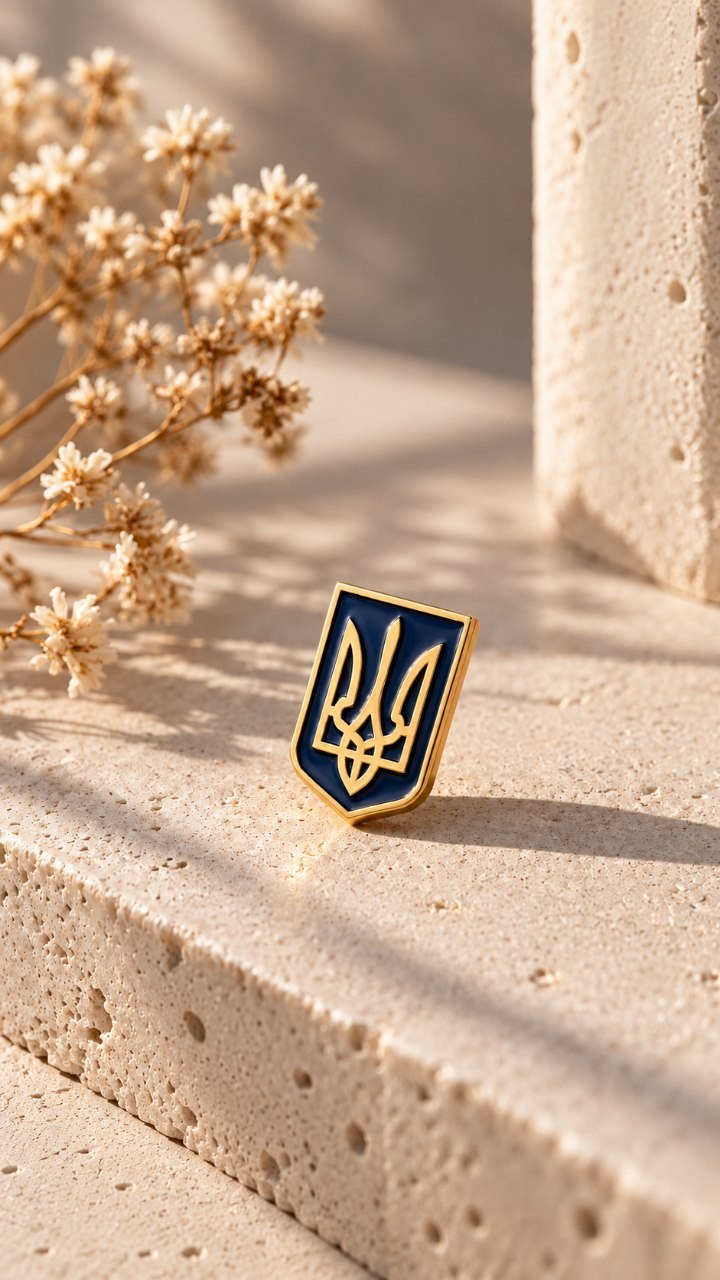 Gold-tone enamel pin with the Ukrainian Tryzub coat of arms on a dark blue shield