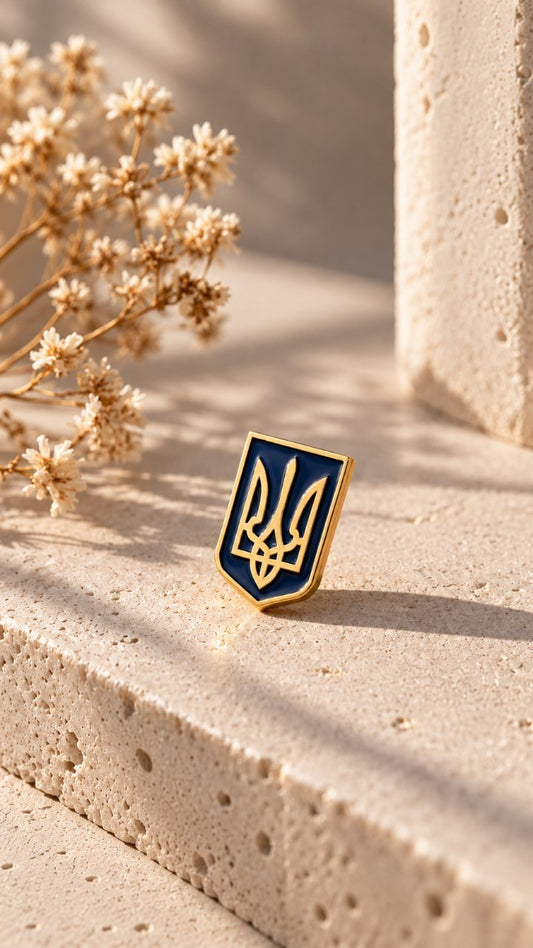 Gold-tone enamel pin with the Ukrainian Tryzub coat of arms on a dark blue shield