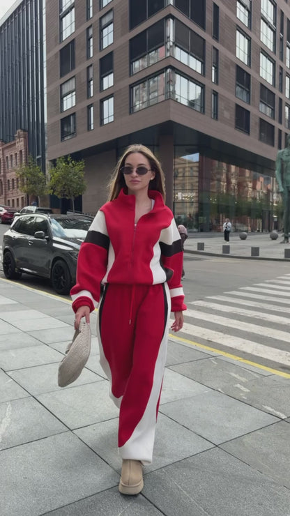 Styling video of the cream tracksuit - zip jacket and wide-leg trousers