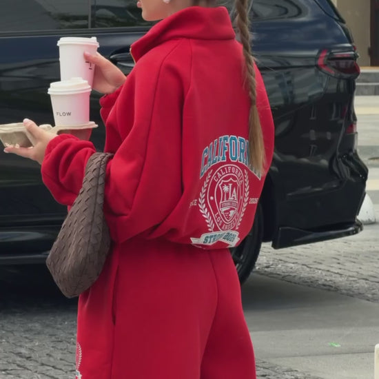 Styling video of the red tracksuit - zip jacket and wide-leg trousers