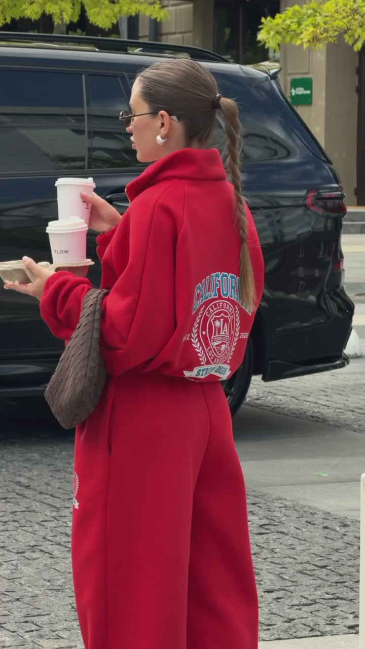Styling video of the red tracksuit - zip jacket and wide-leg trousers