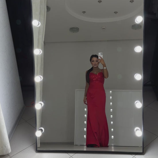 Red satin maxi dress Carmen with beaded sequin bodice - video