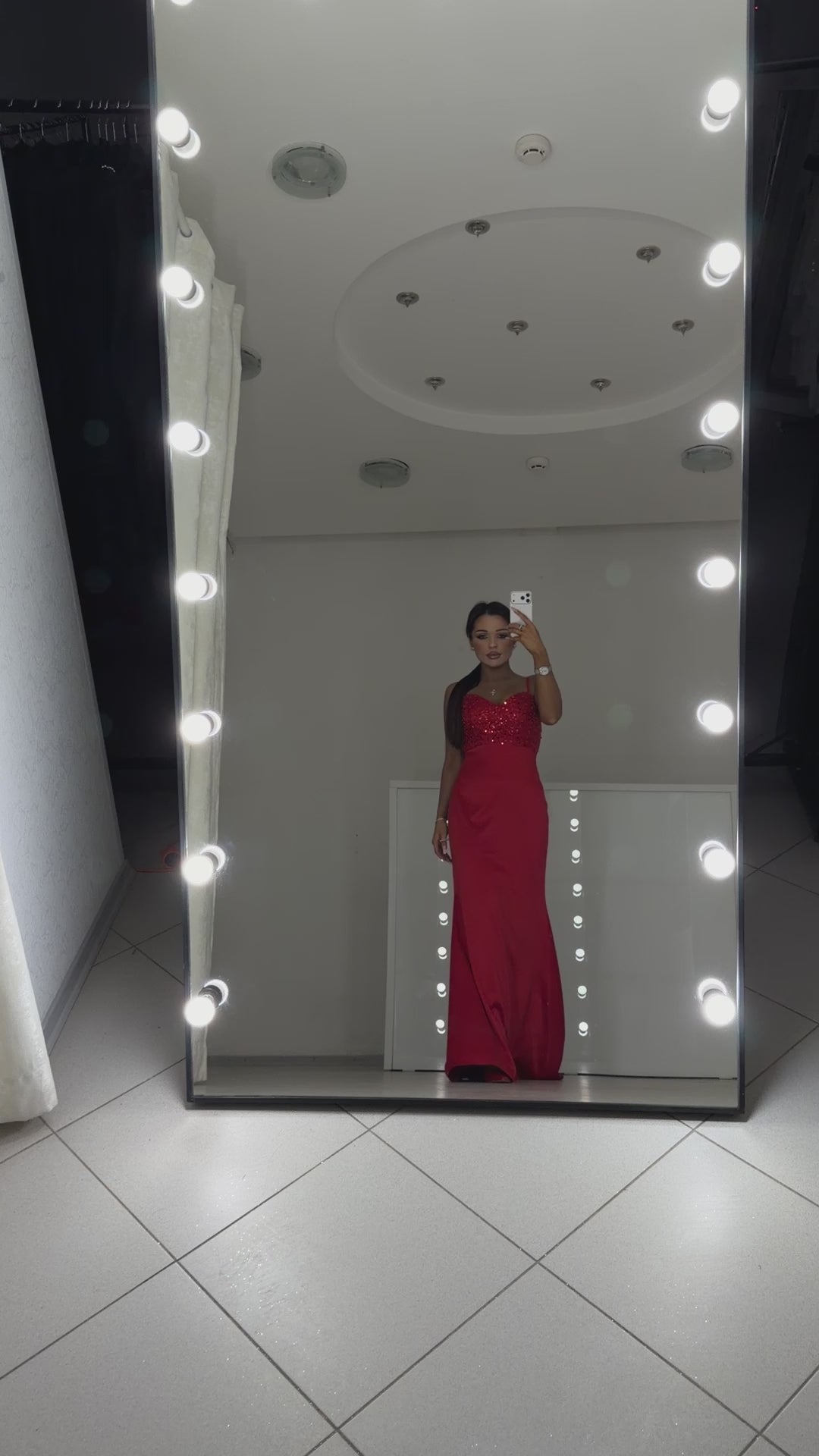 Red satin maxi dress Carmen with beaded sequin bodice - video