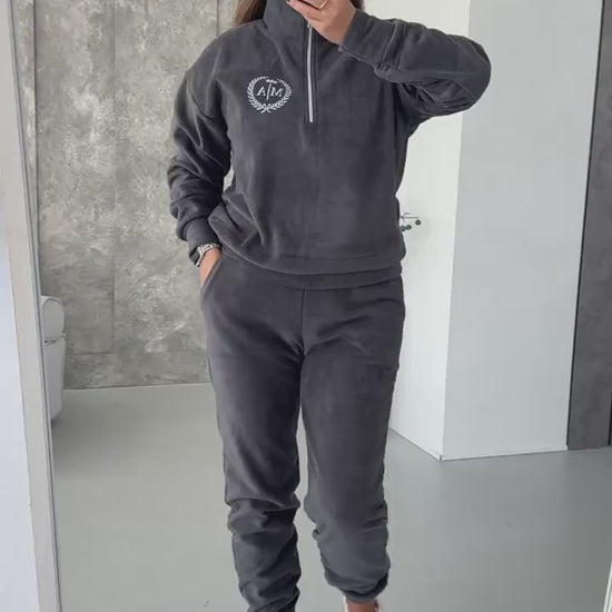 Graphite fleece tracksuit with half-zip sweatshirt and joggers, video