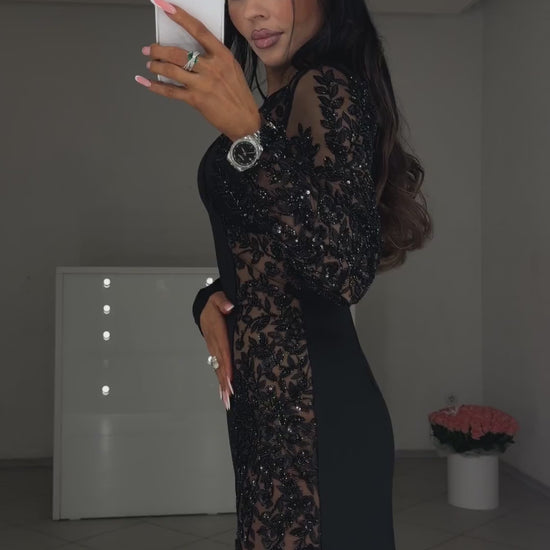 Black asymmetric mini dress with beaded embroidery on a sheer insert, video