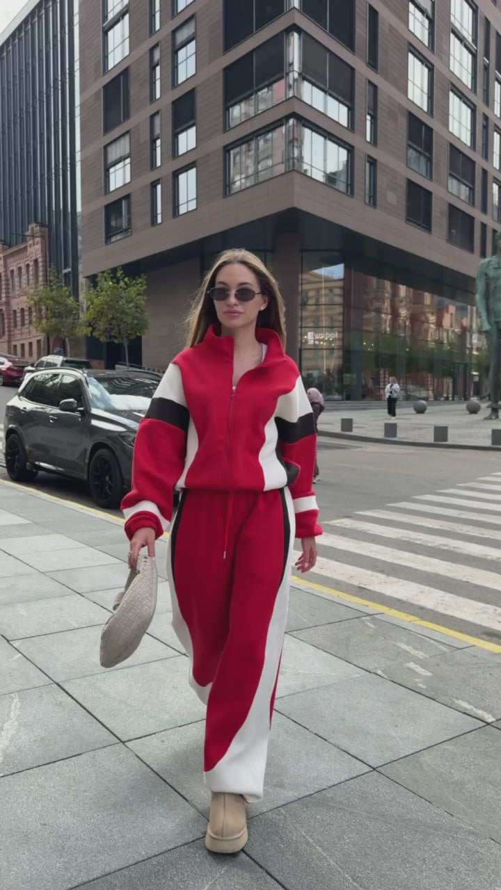 Styling video of the red tracksuit - zip jacket and wide-leg trousers